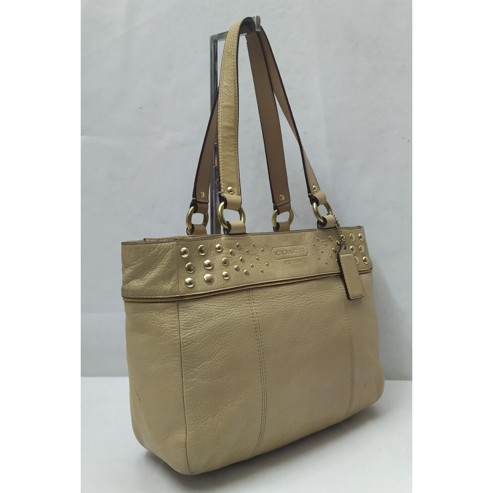 Coach Tan Leather Studded Double Handle Zipper Closure Tote Shoulder Bag - Picture 3 of 16